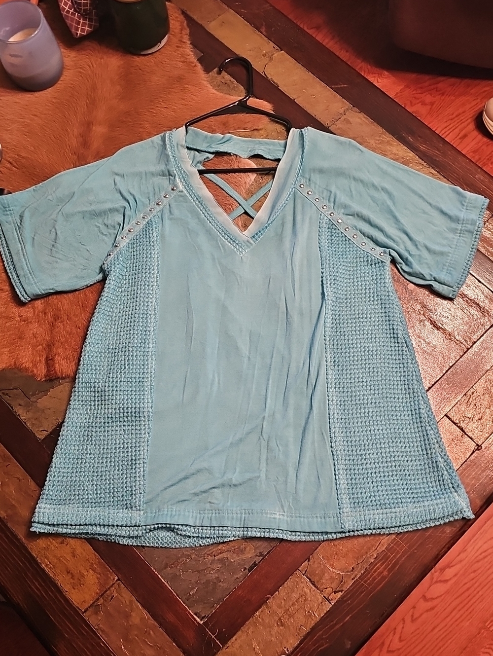 POL Light Blue V-Neck Short Sleeve Top with Crisscross Back